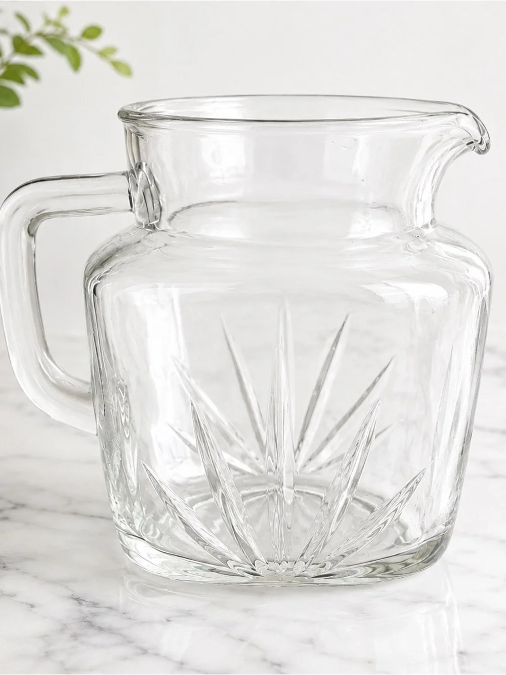 Vintage Clear Glass Pitcher Starburst Cut Design Heavy Square Base Star Bottom